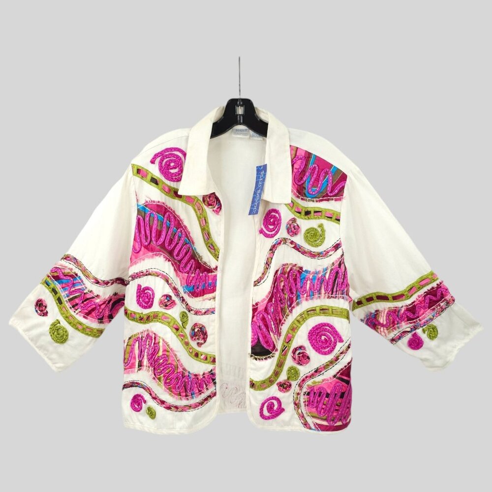 Bleu Bayou Open Front Jacket Size 1X Artsy Colorful 3/4 Sleeve Ribbon Applique